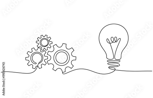 Continuous one single line drawing innovation Light bulb and gears inside icon vector illustration concept.