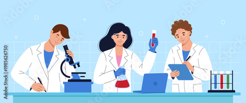 Group of scientists working together in laboratory. Professional researchers using microscope, laptop and clipboard while conducting chemistry experiments. Teamwork in science and medical research.