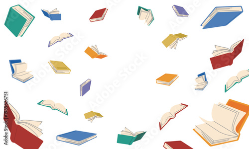 本と書籍と紙ページがランダムにたくさん舞うカラフルな背景ベクターフレーム余白有り