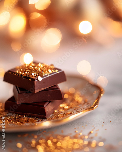 Luxury still life of gourmet chocolate with gold flakes on an elegant plate, set on marble with soft warm lighting and shallow depth of field, ultra-realistic food photography.