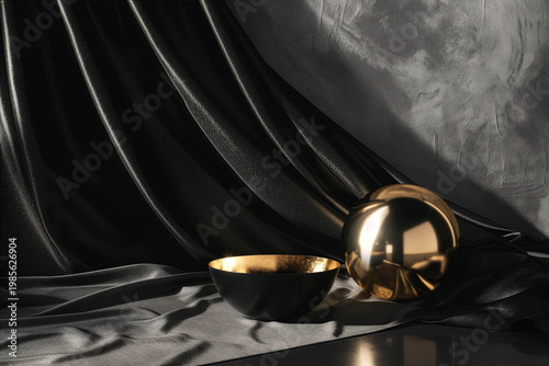 Luxury still life of black and gold objects with moody lighting, deep shadows, and glossy textures, creating a minimal cinematic composition in ultra-realistic style.