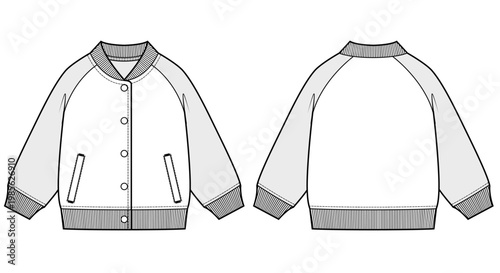 Obraz na płótnie Kids Bomber Jacket Technical Flat Sketch, Ribbed Baseball Jacket Front and Back