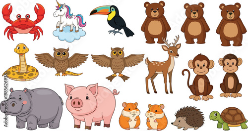 Cute Animal Cartoon Set Featuring Bear Monkey Deer Owl Pig Hippo Turtle Snake Toucan Unicorn and Forest Wildlife Characters for Kids Illustration Design