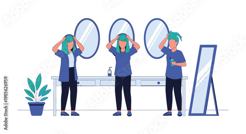 Young woman in a modern bathroom looking at herself in mirrors, fresh morning routine