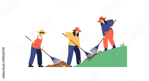 Family Gardening Activity on a Gentle Slope with Rakes and Gardening Tools