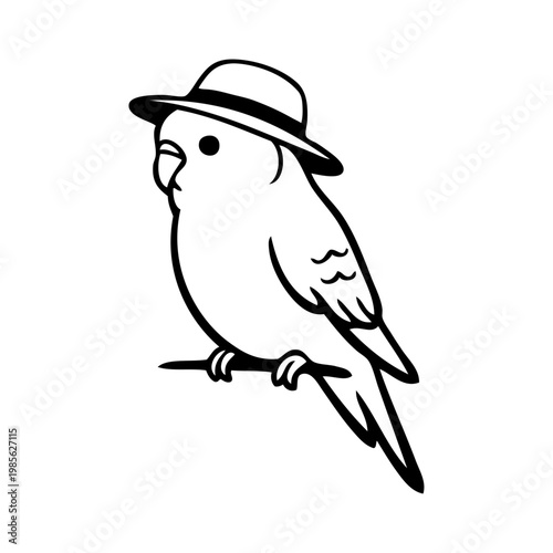 Logotipo con dibujo minimalista con líneas de un simpático periquito con sombrero 
