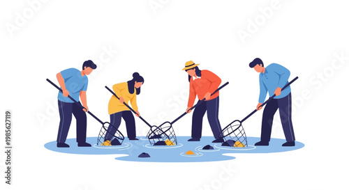 Group of People Collecting Shells on the Beach