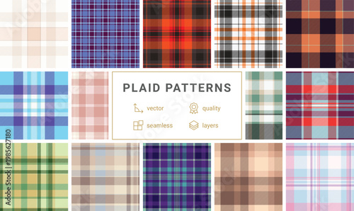 Vivid plaid pattern pack kids apparel. Cheerful tartan designs energize clothing lines. Vector artwork ensures durability.