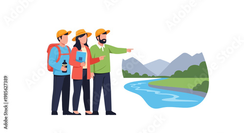 Group of hikers with guide exploring scenic mountain landscape