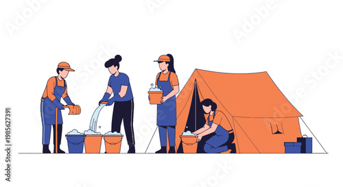 Group of Volunteers Collecting Water and Supplies at Campsite