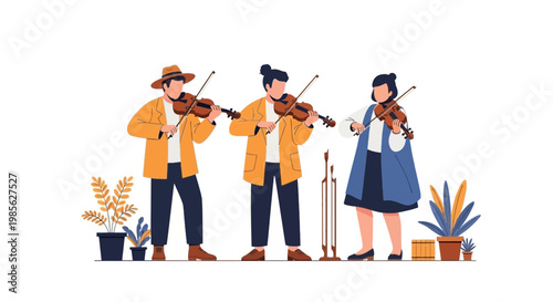 Family Playing Violins Outdoors with Potted Plants and Natural Decor