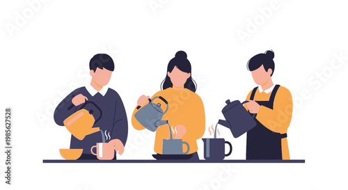 People Preparing Coffee in a Cafe Scene with Coffee Pots and Cups