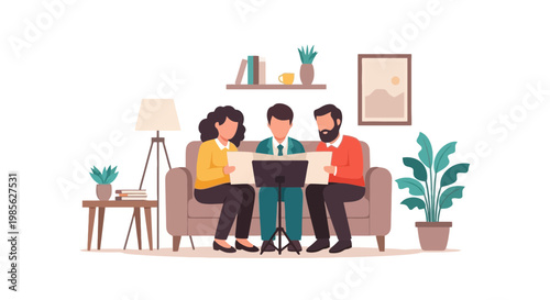 Family or friends sitting together on a sofa in a cozy living room