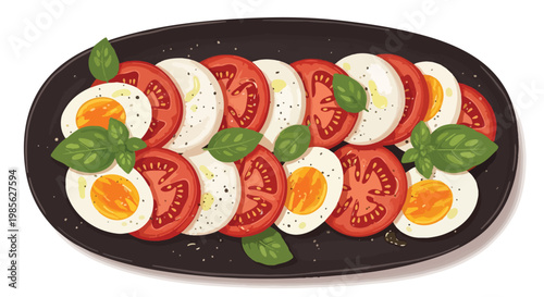 Fresh Caprese Salad with Sliced Tomatoes Mozzarella Basil and Olive Oil on a Black Serving Platter