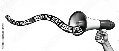 Breaking News Megaphone Announcement Concept with Loudspeaker Hand and Headline Ribbon for Media Journalism Alert Vector Illustration