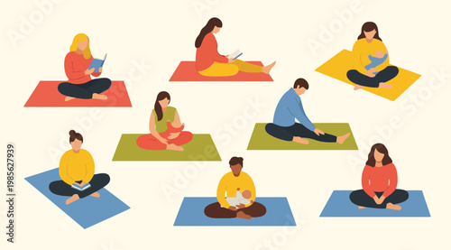 People sitting on yoga mats in various poses