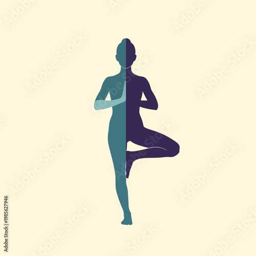 Minimalist silhouette of a person performing a tree pose in yoga, symbolizing balance and mindfulness in a simple graphic