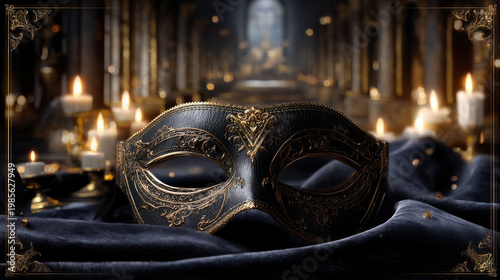 Black masquerade mask gold ornament candlelight velvet fabric dark hallway fantasy art gothic style baroque design luxury detail mysterious mood Elegant black masquerade mask with gold ornament