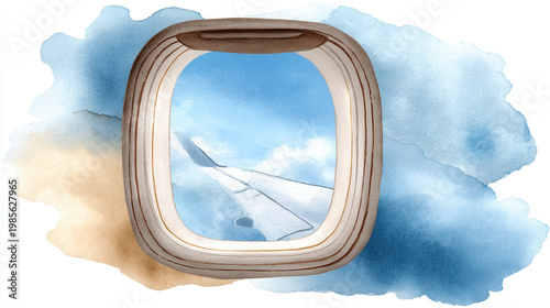 Airplane window wing cloud sky blue watercolor illustration travel vacation flight calm watercolor airplane window view with wing and cloud blue sky, dreamy travel mood and soft texture