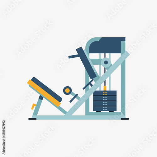Modern flat design illustration of a leg press machine, a robust piece of gym equipment designed for strength training and fitness workouts, isolated on a clean background