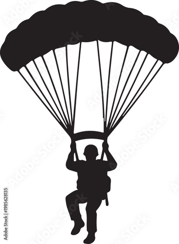 Paraglider Descending Silhouette Isolated on White
