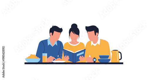 Family Reading Together at Kitchen Table for Cozy Bonding
