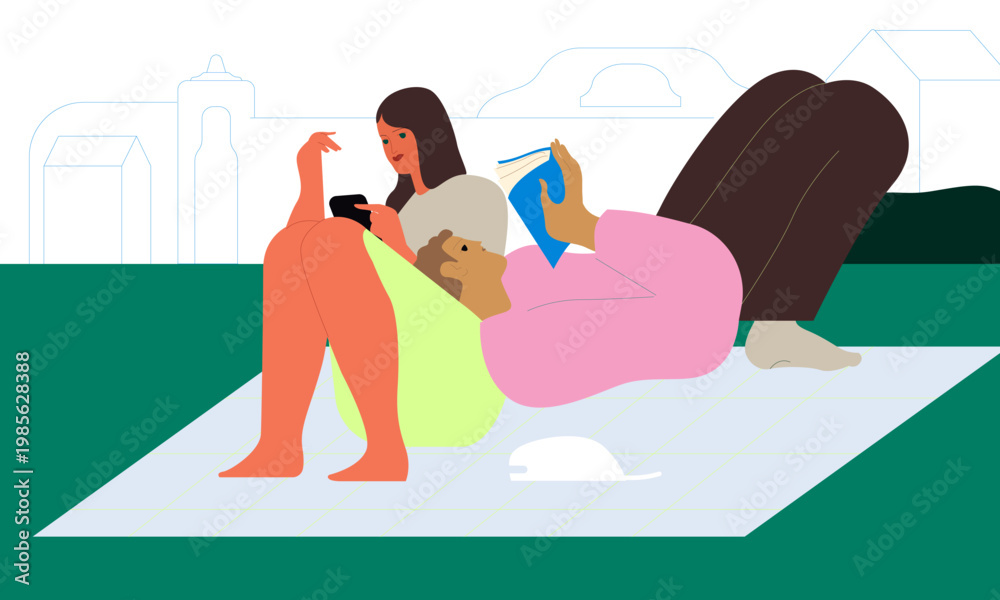 Obraz premium Flat vector illustration of two people relaxing outdoors in a park. One person reading a book while another using a smartphone. Modern minimalist lifestyle scene with leisure, digital distraction.