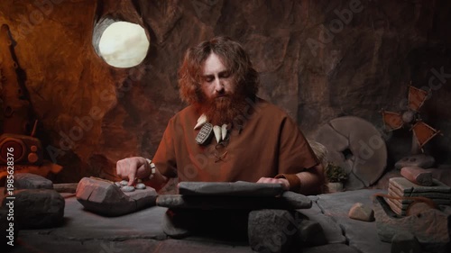 Focused caveman accountant using a stone calculator and chisel for prehistoric bookkeeping