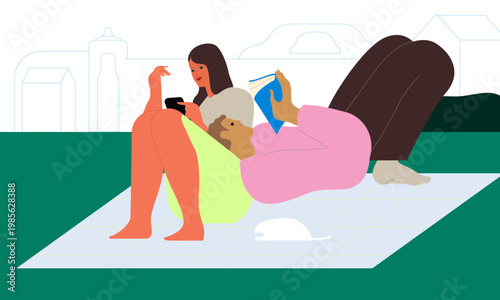 Flat vector illustration of two people relaxing outdoors in a park. One person reading a book while another using a smartphone. Modern minimalist lifestyle scene with leisure, digital distraction.