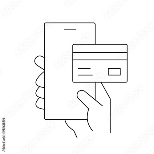 Hand holding smartphone and credit card for mobile payment in minimal thin line vector style.Editable stroke, Vector illustration, Line art Icon, Symbols.