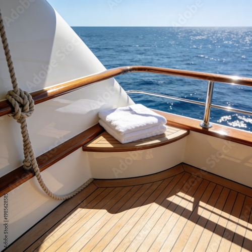 Clean, folded towels on the yacht deck with ocean view