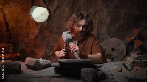 Focused caveman accountant using a stone calculator and chisel for prehistoric bookkeeping