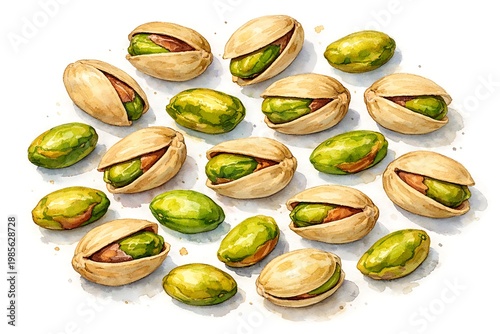 Watercolor pistachios scattered on white background green beige nuts