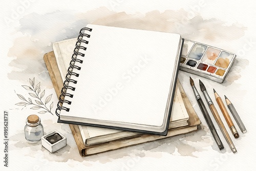 Watercolor blank notebook mockup with supplies spiral paint
