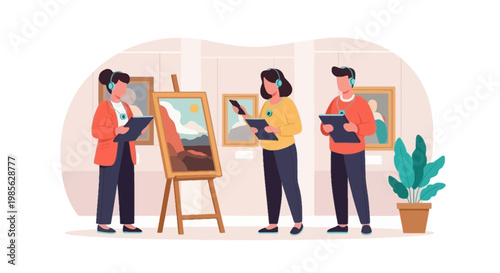 Art Gallery Visitors Appreciating Landscape Paintings