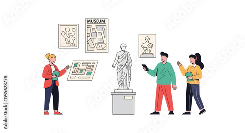 Visitors Exploring Art Exhibit with Digital Devices at Museum