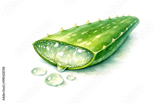 Aloe vera leaf cut open with gel and droplets green spiky