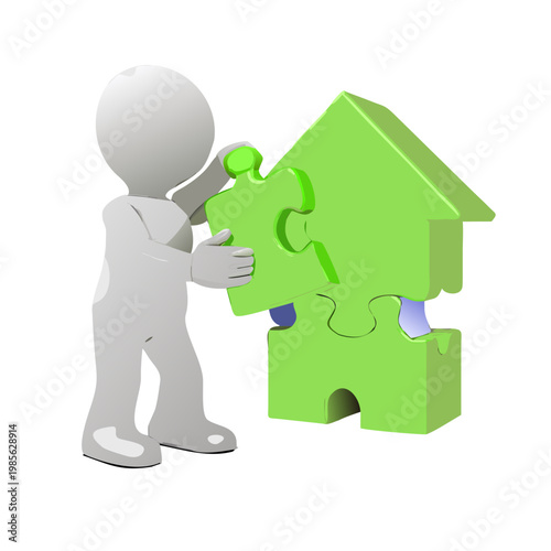 3d illustration of a business character man with a green house building and puzzle icon for a real estate property insurance concept render