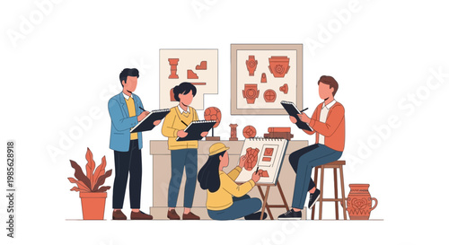 Artists Collaborating in an Art Studio with Paintings and Sculptures