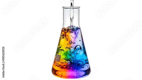 A colorful liquid mixture in a laboratory flask with bubbles and a rainbow of colors.