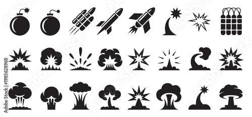 Vector silhouettes of explosions bombs and missiles