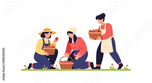 Three Women Harvesting Baskets of Fruits in a Garden Scene