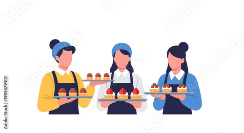 Three Female Pastry Chefs Holding Elegant Cake Displays