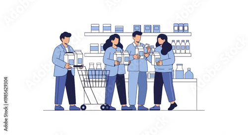 Shoppers in a grocery store engaging with products and shopping carts