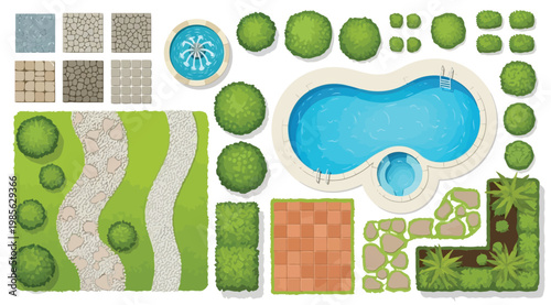 Landscape design elements set with swimming pool, plants, and paving