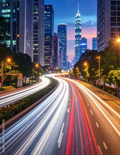 A cityscape at dusk with a curved highway and skyscrapers