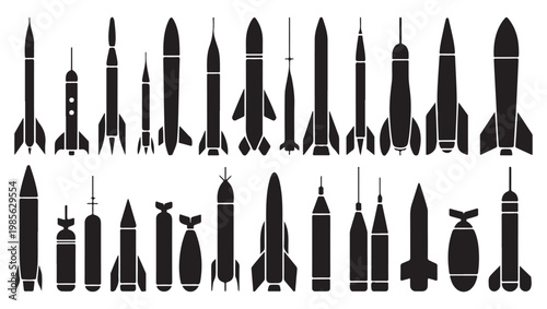 Set of Military Missiles and Rockets Silhouettes for Defense and Warfare