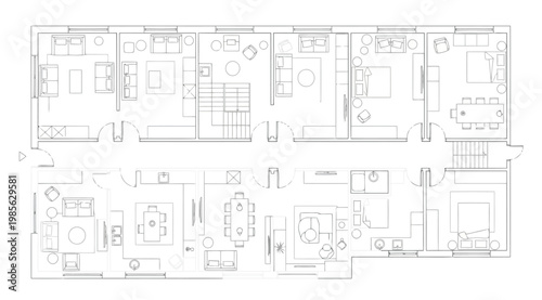 Architectural floor plan of a modern apartment building with multiple units