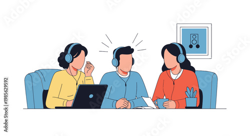 Team of people working in a modern control room with headsets and computers