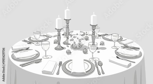 Elegant, circular dining table set for a formal celebration with candles